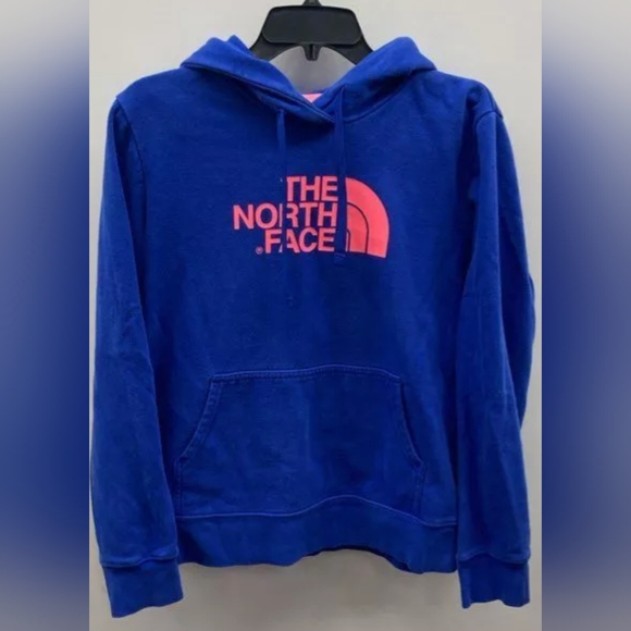 The North Face Tops - The North Face Blue Pink Graphic Print Logo Hoodie Sweatshirt Size L Used Exc
